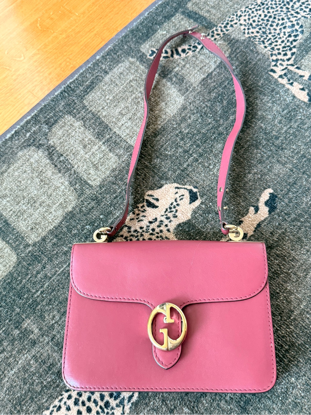 Gucci 1975 Burgundy Leather Shoulder Bag With Gold Gg Buckle